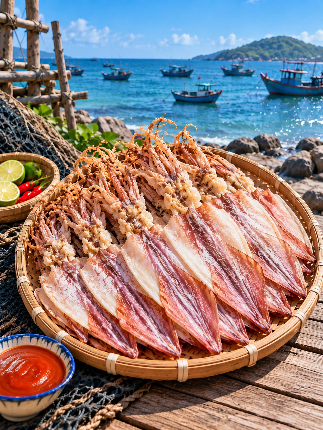Mực khô trắng đóng gói hút chân không bên sàng tre tại biển Lagi