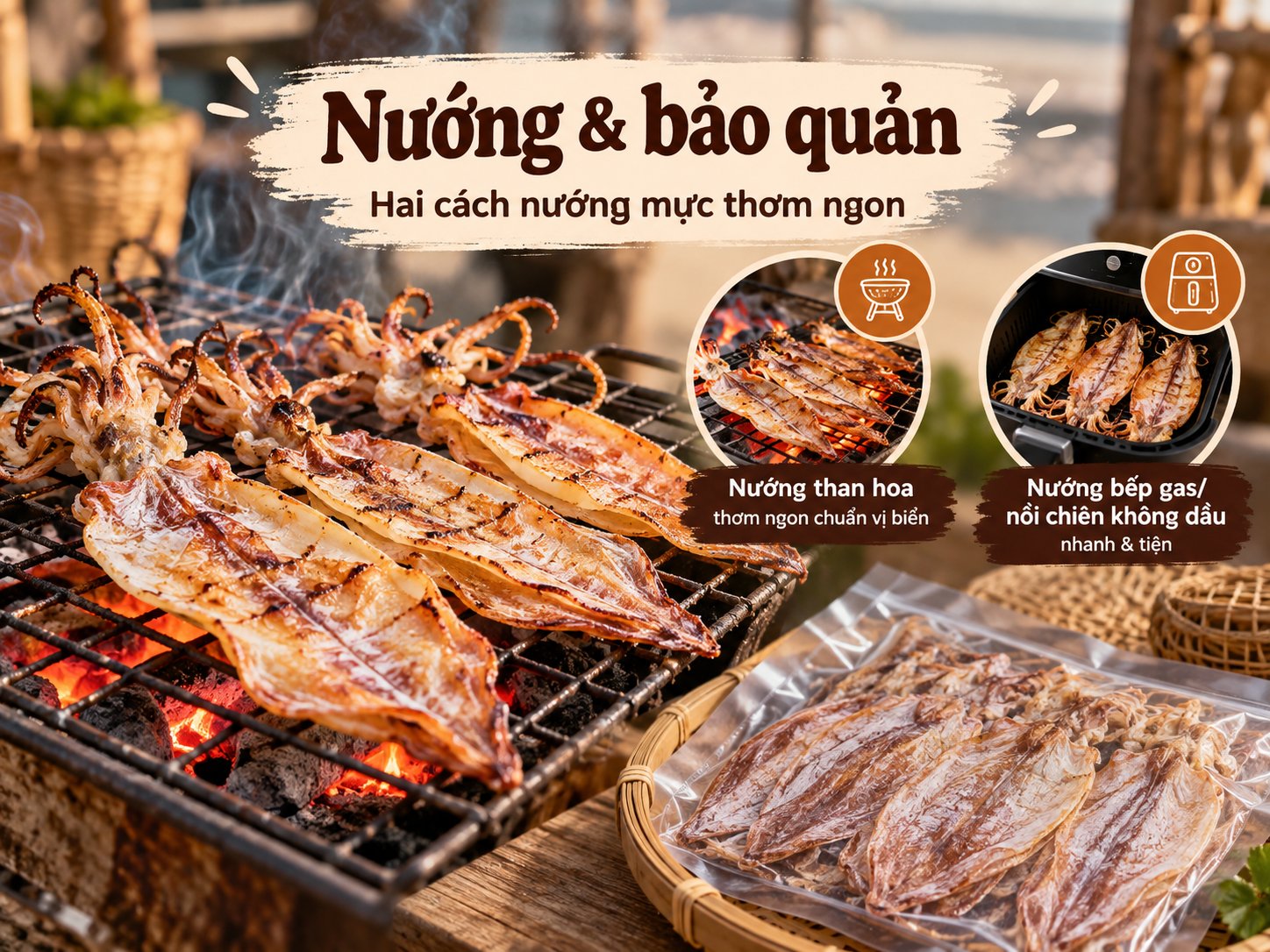 Mực khô nướng than và nồi chiên không dầu, bày cùng tương ớt