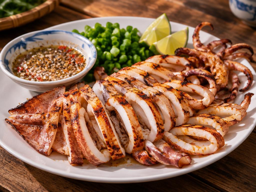 Mực khô nướng cắt khoanh bày cùng muối tiêu chanh